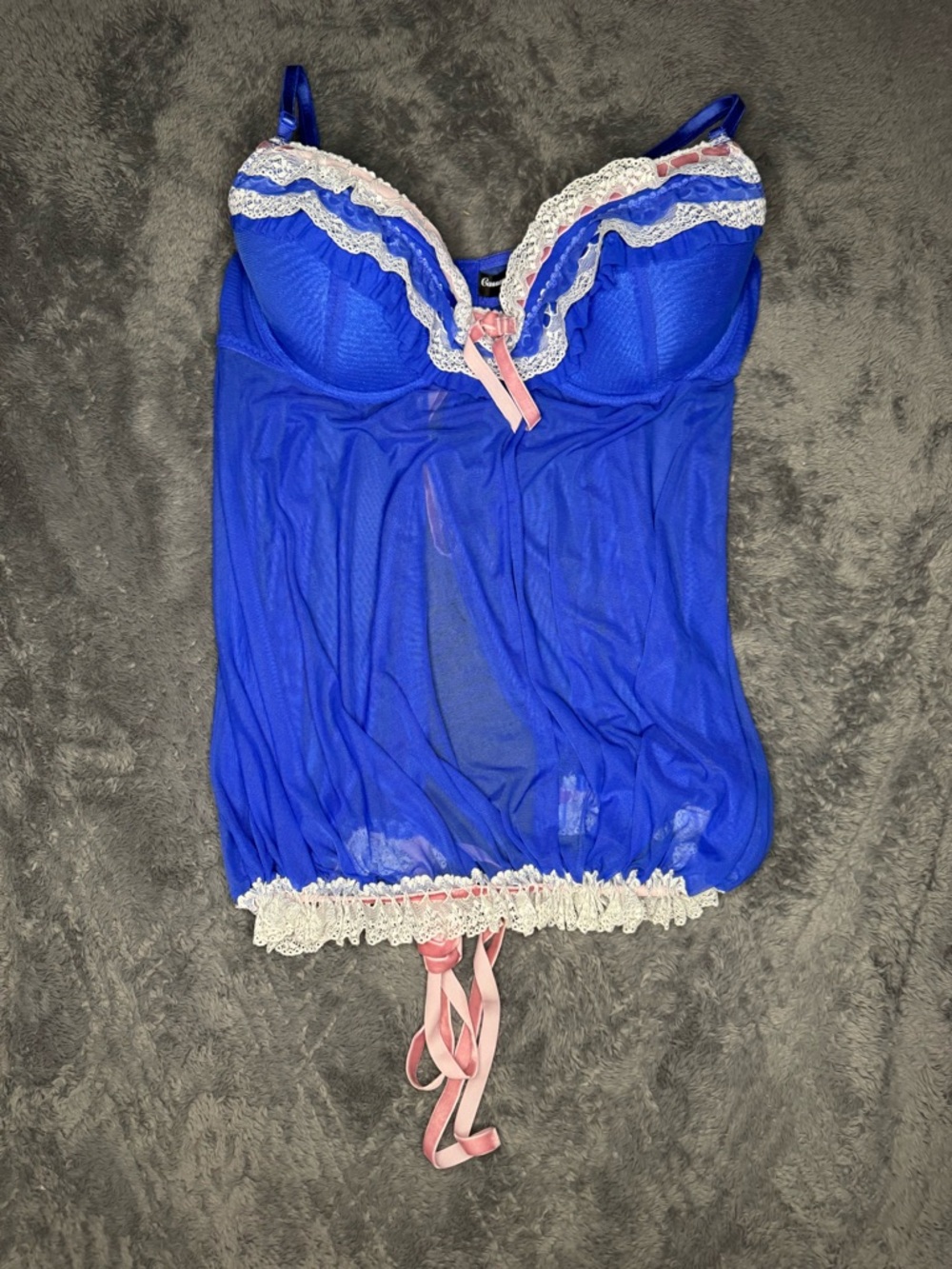 Cassandra Intimates Blue Lace-Trim Chemise with Pink Ribbon Accents